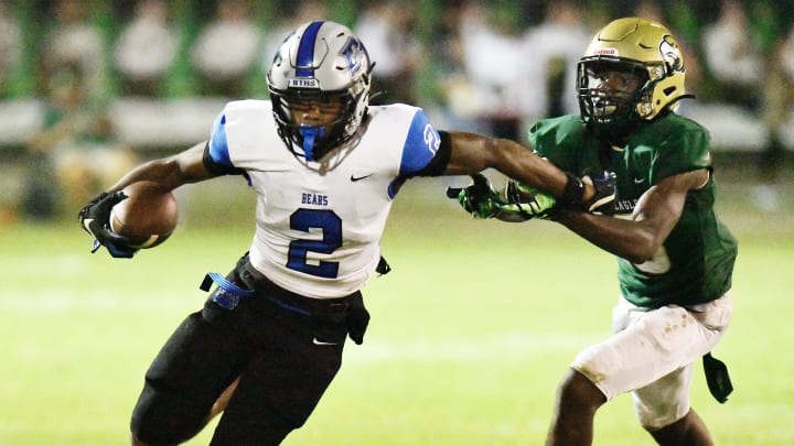 Bartram Trail Bears Arthur Lewis IV (2) gets away from Fleming Island Golden Eagles Tacori Allen (18) on a pass play which Lewis ran in for a touchdown early in the third quarter. Fleming Island played host to Bartram Trail for Friday night football, September 29, 2023.