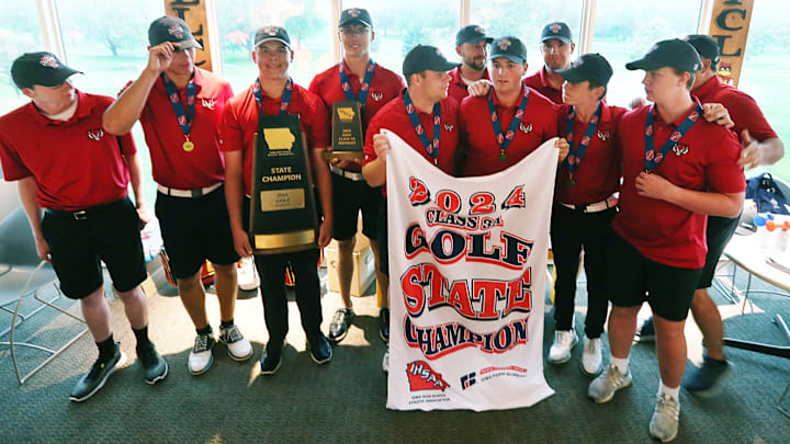 ADM boys golfers celebrate after winning the state 3A boys golf tournament at Veenker Golf Course on Tuesday, May 21, 2024, in Ames, Iowa.