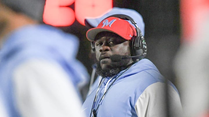 JL Mann Head Coach Steve Watson during the second quarter at TL Hanna High in Anderson, S.C. Thursday, October 17, 2024.