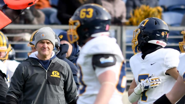 Kirtland coach Tiger LaVerde on the sidelines in the first quarter OHSAA Division VI state final, Coldwater and Kirtland at Tom Benson Hall of Fame Stadium. Saturday, Dec. 7, 2024