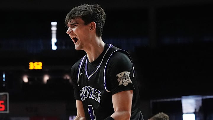 Waukee's forward Evan Jacobson (4) reacts after a score against Linn-Mar during the fourth quarter in the 4A IHSAA boys state basketball quarter-final at Wells Fargo Arena on Monday, March 10, 2025, in Des Moines, Iowa.