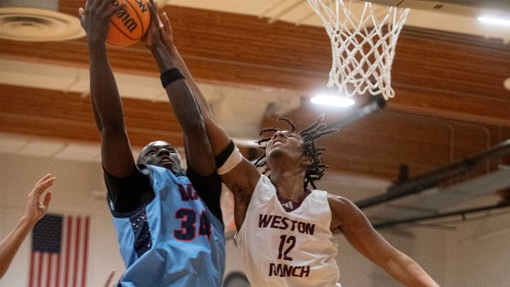 Weston Ranch fights for a rebound with Destiny Christian Academy during a boys varsity basketball game at Weston Ranch in Stockton on Jan. 9, 2026. Weston Ranch 72-71.