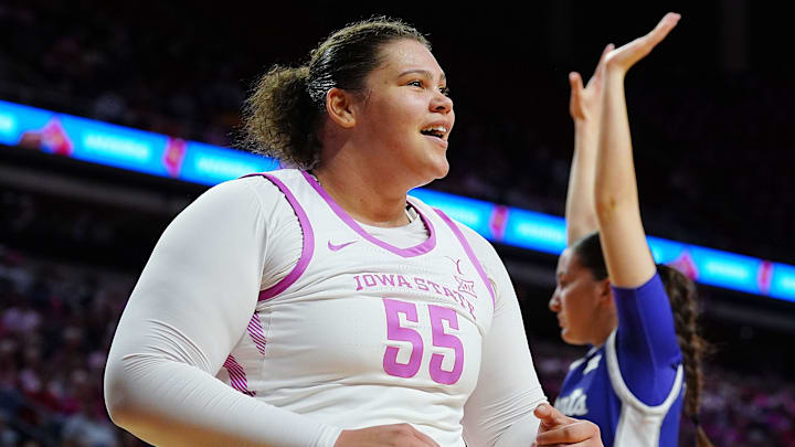 Iowa State Cyclones' center Audi Crooks (55) reacts after a score against Kansas State during the second quarter in the Big-12 conference women’s basketball on Feb. 15, 2026, at Hilton Coliseum, in Ames, Iowa.