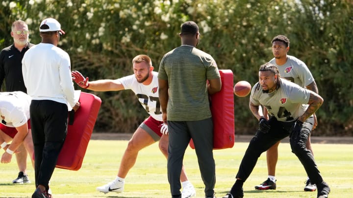 Arizona Cardinals tight end Tip Reiman (87) and linebacker Xavier Thomas (54) during rookie mini-camp in Tempe on May 10, 2024.