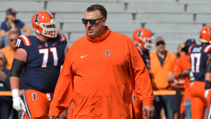 Sep 16, 2023; Champaign, Illinois, USA;  Illinois Fighting Illini head coach Bret Bielema before a game against the Penn State Nittany Lions  at Memorial Stadium. Mandatory Credit: Ron Johnson-USA TODAY Sports