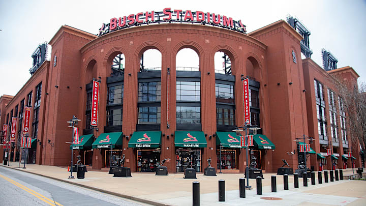 Mar 15, 2020; St. Louis, Missouri, USA;   A general view of Busch Stadium which is home of the Saint Louis Cardinals. Major League Baseball has postponed the start of the 2020 baseball season due to the COVID-19 pandemic.  Mandatory Credit: Scott Kane-Imagn Images