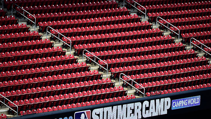 Jul 4, 2020; St. Louis, Missouri, United States; A view of empty seats during workouts at Busch Stadium. Mandatory Credit: Jeff Curry-Imagn Images