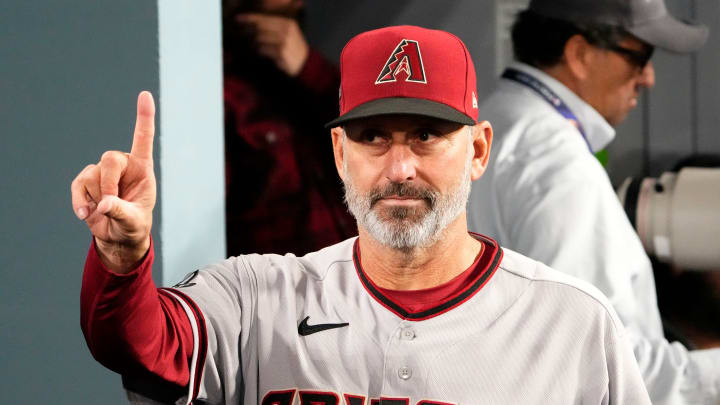 Arizona Diamondbacks manager Torey Lovullo (17) gestures after defeating the Los Angeles Dodgers 4-2 during Game 2 of the NLDS at Dodger Stadium in Los Angeles on Oct. 9, 2023.