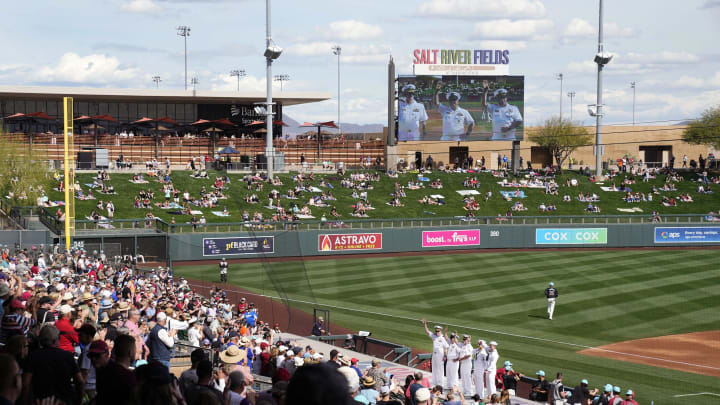 Crew members of the new USS Arizona are introduced during the Arizona Diamondbacks spring training game at Salt River Fields on Feb. 27, 2024.