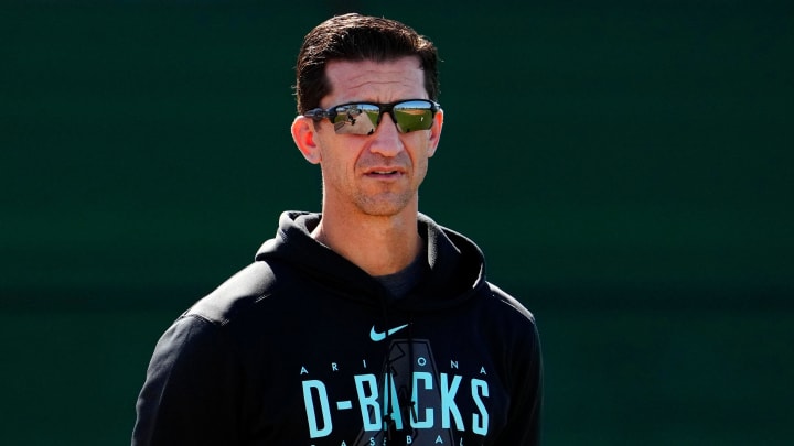 Feb 20, 2023; Scottsdale, AZ, USA; Arizona Diamondbacks general manager Mike Hazen during spring training workouts at Salt River Fields. Mandatory Credit: Rob Schumacher-Arizona Republic via USA TODAY NETWORK