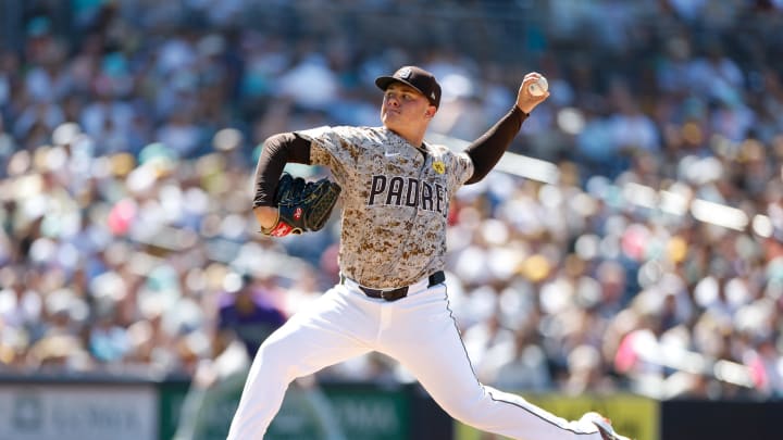 Aug 4, 2024; San Diego, California, USA; San Diego Padres relief pitcher Adrian Morejon (50) throws a pitch during the seventh inning against the Colorado Rockies at Petco Park. Mandatory Credit: David Frerker-USA TODAY Sports