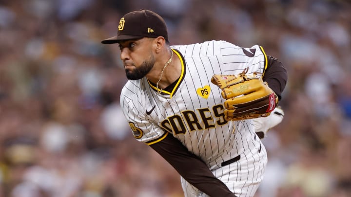 Aug 3, 2024; San Diego, California, USA; San Diego Padres relief pitcher Robert Suarez (75) throws against the Colorado Rockies during the ninth inning at Petco Park. Mandatory Credit: David Frerker-USA TODAY Sports