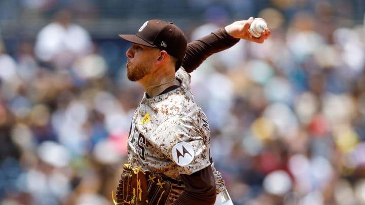 May 26, 2024; San Diego, California, USA; San Diego Padres starting pitcher Joe Musgrove (44) throws a pitch in the first inning against the New York Yankees at Petco Park. Mandatory Credit: David Frerker-USA TODAY Sports