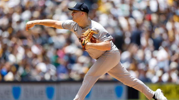 May 26, 2024; San Diego, California, USA; New York Yankees starting pitcher Clarke Schmidt (36) throws a pitch in the first inning against the San Diego Padres at Petco Park. Mandatory Credit: David Frerker-USA TODAY Sports