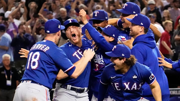 The Texas Rangers celebrate after defeating the Arizona Diamondbacks in Game 5 to become the 2023 World Series champions at Chase Field on Nov 1, 2023.