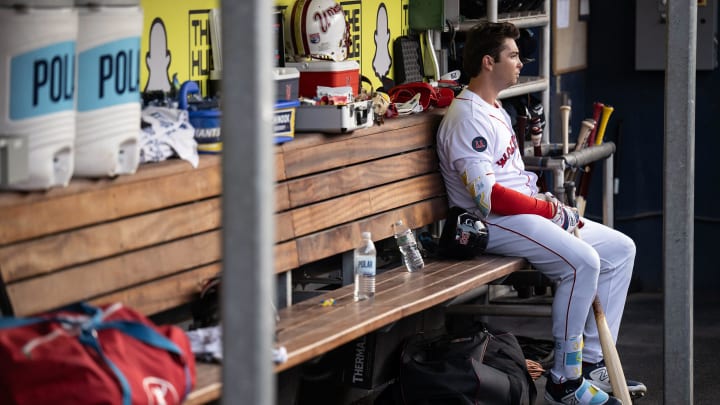 Red Sox first baseman Triston Casas sits in the dugout during a rehab start at DH for the WooSox on Tuesday July 30, 2023.