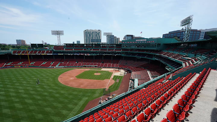 Jul 7, 2020; Boston, Massachusetts, United States; A general view of empty seats at Fenway Park during the Boston Red Sox Summer Camp. Mandatory Credit: David Butler II-Imagn Images