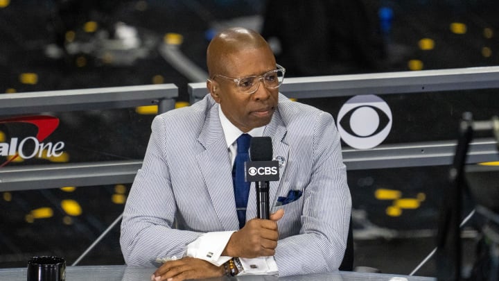 Apr 5, 2021; Indianapolis, IN, USA; CBS announcer Kenny Smith prior to the national championship game in the Final Four of the 2021 NCAA Tournament between the Gonzaga Bulldogs and the Baylor Bears at Lucas Oil Stadium. Mandatory Credit: Kyle Terada-USA TODAY Sports