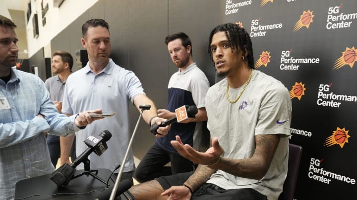 Forward Jalen Bridges, during the Suns Summer League, talks to the media at Verizon 5G Performance Center on July 9, 2024, in Phoenix.