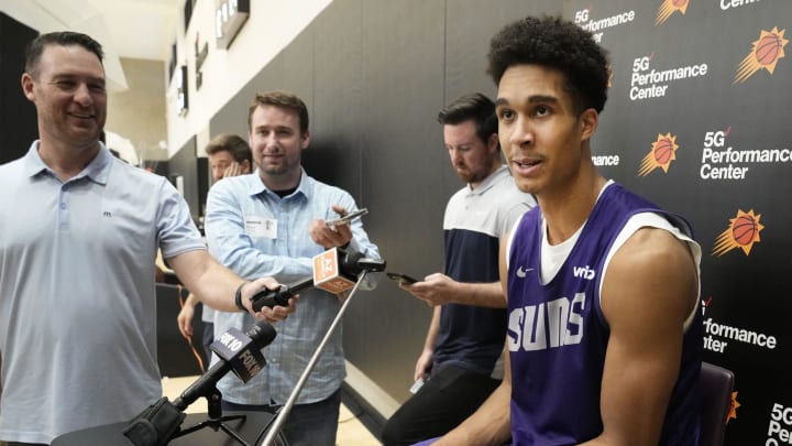 Forward Oso Ighodaro talks to the media during the Suns Summer League at Verizon 5G Performance Center on Jul 9, 2024, in Phoenix.