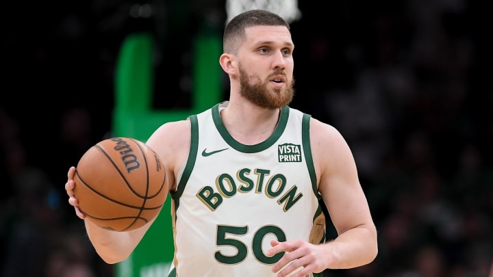 Apr 7, 2024; Boston, Massachusetts, USA; Boston Celtics guard Svi Mykhailiuk (50) moves the ball against the Portland Trail Blazers during the second half at TD Garden. Mandatory Credit: Eric Canha-USA TODAY Sports