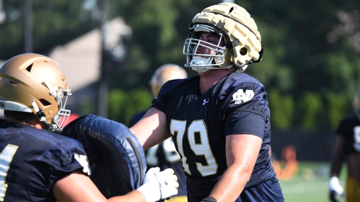 Tosh Baker OL of the Fighting Irish at practice at the Fighting Irish Athletic Center at Notre Dame on Thursday July 27, 2023.