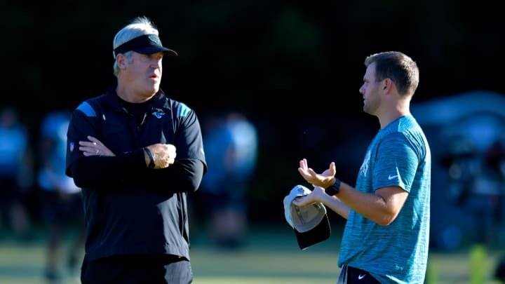 Jacksonville Jaguars head coach Doug Pederson talks with offensive coordinator Press Taylor on the field ahead of the start of Wednesday morning's training camp session. The Jacksonville Jaguars held their third day of training camp Wednesday, July 27, 2022, at the Episcopal School of Jacksonville Knight Campus practice fields on Atlantic Blvd.

Jki 072722 Jagswedtrainingcamp 06