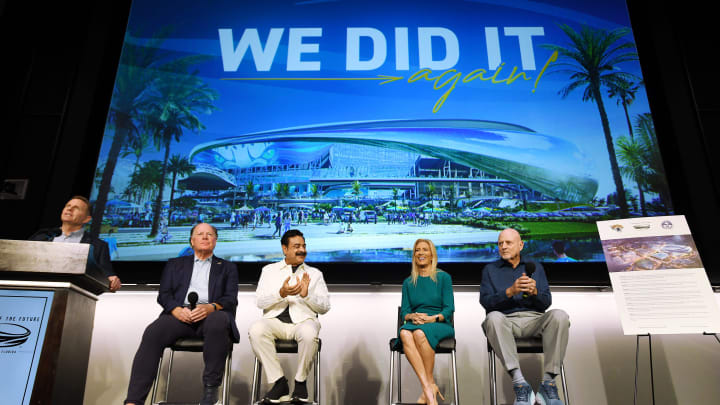 Jaguars president Mark Lamping, Jacksonville Jaguars owner Shad Khan, Jacksonville Mayor Donna Deegan, and the city of Jacksonville's chief negotiator on the stadium deal Mike Weinstein met at the Jaguars Miller Electric Center Wednesday, June 26, 2024 to address the media and team personnel about the newly approved stadium renovation deal.