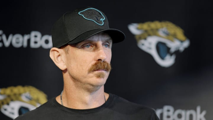 Jacksonville Jaguars defensive coordinator Ryan Nielsen talks to the media ahead of the second day of an NFL football training camp practice session Thursday, July 25, 2024 at EverBank Stadium's Miller Electric Center in Jacksonville, Fla.