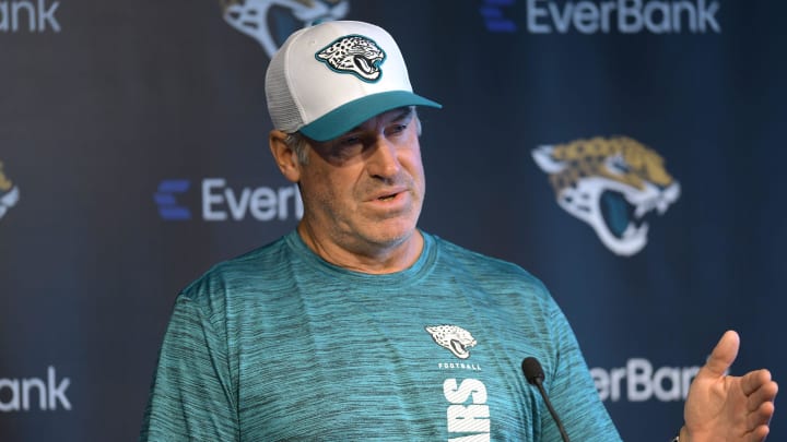 Jacksonville Jaguars head coach Doug Pederson addresses the media ahead of the start of the fifth day of the NFL football training camp practice session Monday, July 29, 2024 at EverBank Stadium's Miller Electric Center in Jacksonville, Fla..