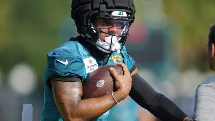 Jacksonville Jaguars wide receiver Christian Kirk (13) runs through drills on the fifth day of the NFL football training camp practice session Monday, July 29, 2024 at EverBank Stadium's Miller Electric Center in Jacksonville, Fla..