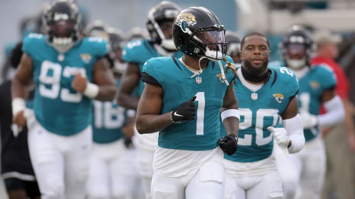 Jacksonville Jaguars running back Travis Etienne Jr. (1) runs onto the field with teammates. The Jaguars led 20 to 10 at the end of the first half. The Jacksonville Jaguars hosted the Kansas City Chiefs in the Jaguars first preseason game of the season Saturday, August10, 2024 at EverBank Stadium in Jacksonville, Fla. [Bob Self/Florida Times-Union]