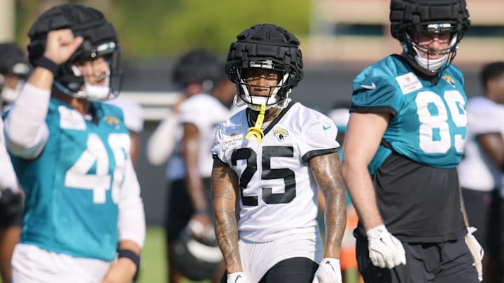 Jacksonville Jaguars cornerback Ronald Darby (25) on the sidelines during the fourth day of the NFL football training camp practice session Saturday, July 27, 2024 at EverBank Stadium's Miller Electric Center in Jacksonville, Fla. [Bob Self/Florida Times-Union]