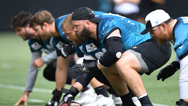 Jacksonville Jaguars center Mitch Morse (65) lines up during the organized team activity session Monday, June 3, 2024 at EverBank Stadium's Miller Electric Center in Jacksonville, Fla.