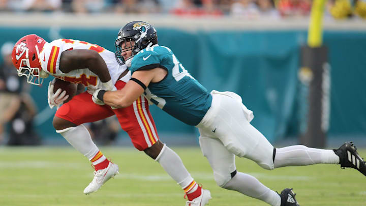 Jacksonville Jaguars linebacker Chad Muma (48) brings down Kansas City Chiefs running back Deneric Prince (34) during first quarter action. The Jaguars led 20 to 10 at the end of the first half. The Jacksonville Jaguars hosted the Kansas City Chiefs in the Jaguars first preseason game of the season Saturday, August10, 2024 at EverBank Stadium in Jacksonville, Fla. [Bob Self/Florida Times-Union]