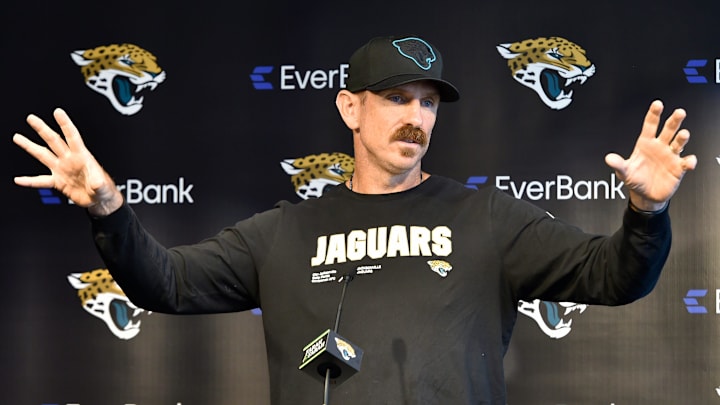 Jacksonville Jaguars defensive coordinator Ryan Nielsen talks to the media ahead of the second day of an NFL football training camp practice session Thursday, July 25, 2024 at EverBank Stadium's Miller Electric Center in Jacksonville, Fla.