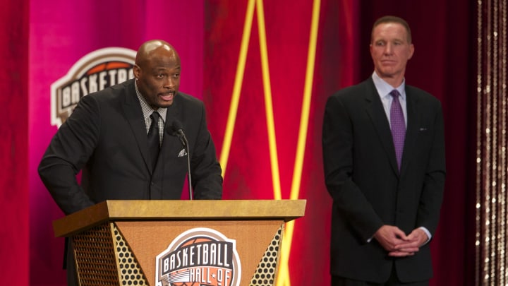 Aug 8, 2014; Springfield, MA, USA;  Six-time NBA all-star Mitch Richmond is inducted into the Basketball Hall of Fame during the 2014 Naismith Memorial Basketball Hall of Fame Enshrinement Ceremony at Springfield Symphony Hall. Mandatory Credit: David Butler II-USA TODAY Sports