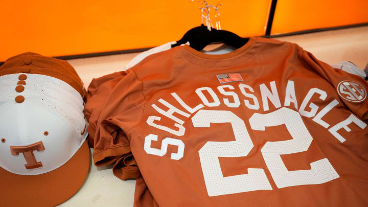 A jersey with the name of the new University of Texas baseball coach Jim Schlossnagle at his introductory news conference at the Frank Denius Family University Hall of Fame Wednesday June 26, 2024.