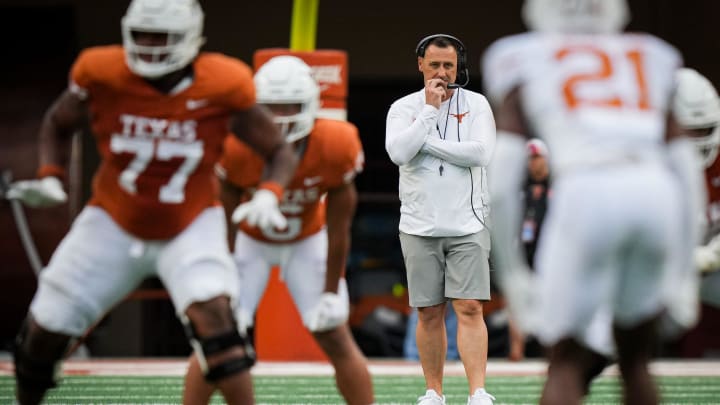 Texas Longhorns Head Coach Steve Sarkisian watches the play in the Longhorns' spring Orange and White game at Darrell K Royal Texas Memorial Stadium in Austin, Texas, April 20, 2024.