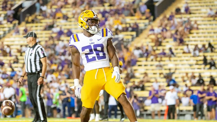 Kaleb Jackson 28 runs the ball as the LSU Tigers take on Grambling State at Tiger Stadium in Baton Rouge, Louisiana, Saturday, Sept. 9, 2023.