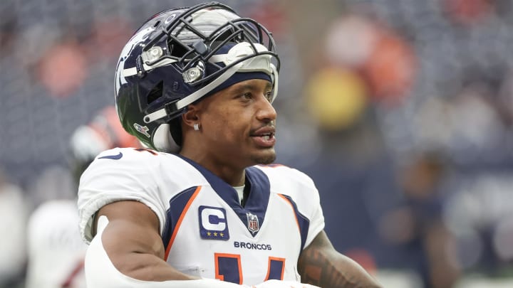 Dec 3, 2023; Houston, Texas, USA; Denver Broncos wide receiver Courtland Sutton (14) warms up before playing against the Houston Texans at NRG Stadium. 