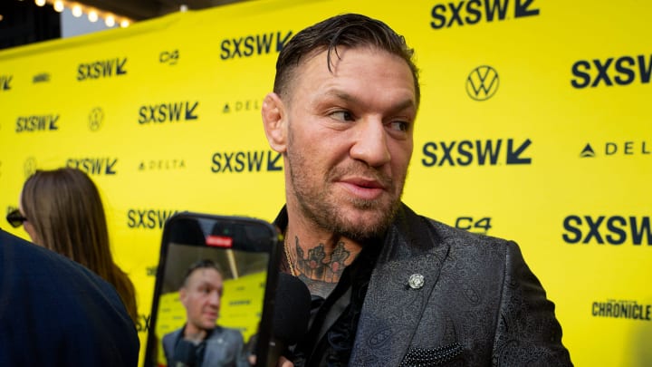 Conor McGregor speaks to press on the red carpet before the premiere of Road House at the Paramount Theatre in Austin, Texas on the first day of South by Southwest, Friday, March 8, 2024. McGregor plays the character \"Knox\" in the movie.