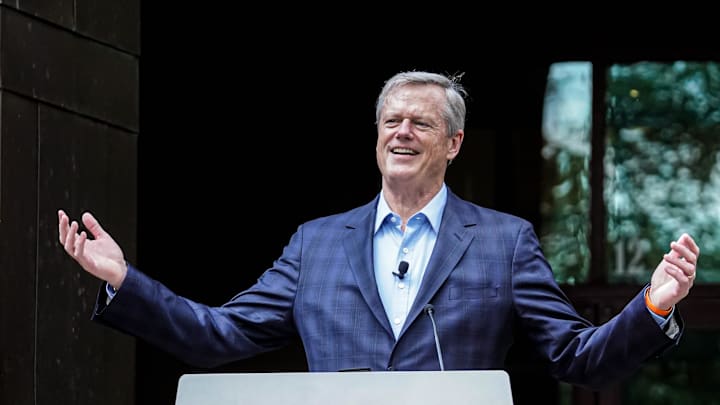 President of the NCAA, Charlie Baker speaks during a press conference celebrating the 25 year anniversary of the NCAA moving its national office to Indianapolis on Tuesday, Aug. 13, 2024, at the NCAA Headquarters in Indianapolis.