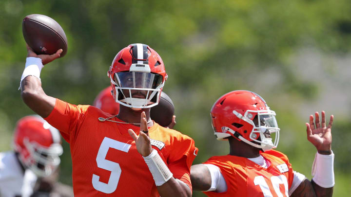 Browns quarterback Jameis Winston (5) participates in quarterback drills with Tyler Huntley during minicamp, Tuesday, June 11, 2024, in Berea.