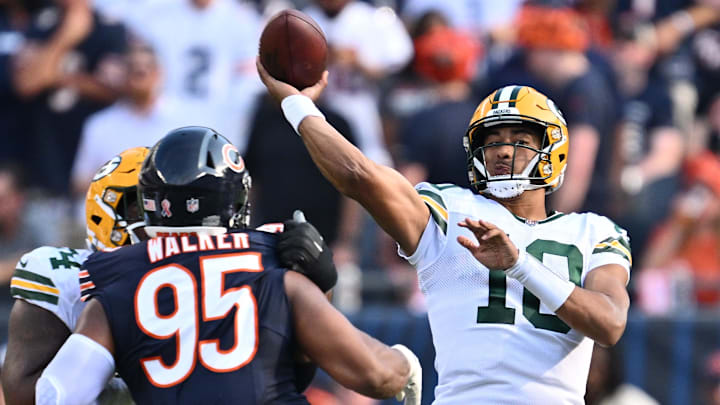 Green Bay Packers quarterback Jordan Love (10) passes at Soldier Field last season.