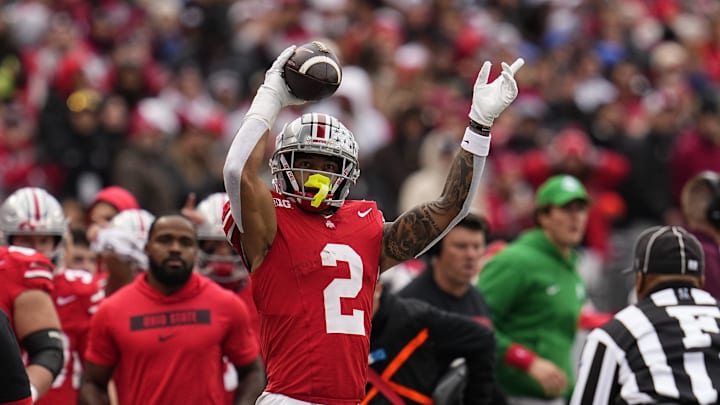 Ohio State Buckeyes wide receiver Emeka Egbuka (2) celebrates a first down catch during the second half of the NCAA football game against the Indiana Hoosiers at Ohio Stadium in Columbus on Saturday, Nov. 23, 2024. Ohio State won 38-15. Ohio State Buckeyes wide receiver Emeka Egbuka (2) celebrates a first down catch during the second half of the NCAA football game against the Indiana Hoosiers at Ohio Stadium in Columbus on Saturday, Nov. 23, 2024. Ohio State won 38-15.