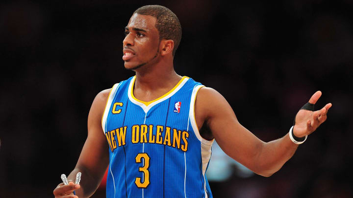 April 26, 2011; Los Angeles, CA, USA; New Orleans Hornets point guard Chris Paul (3) reacts to a call in the first half of game five of the 2011 NBA playoffs  at the Staples Center. 