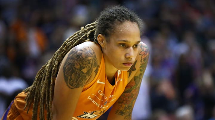 Phoenix Mercury center Brittney Griner reacts after missing a game tying jumper against New York Liberty in the fourth quarter on July 5, 2019 in Phoenix.

New York Liberty Vs Phoenix Mercury