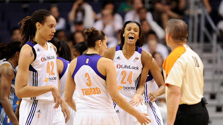 Sep 29, 2013; Phoenix, AZ, USA; Phoenix Mercury guard DeWanna Bonner (24) reacts to a call on the court with teammates guard Diana Taurasi (3) and center Brittney Griner (42) in the game against the Minnesota Lynx at US Airways Center. The Lynx defeated the Mercury 72-65. Mandatory Credit: Jennifer Stewart-Imagn Images Sep 29, 2013; Phoenix, AZ, USA; Phoenix Mercury guard DeWanna Bonner (24) reacts to a call on the court with teammates guard Diana Taurasi (3) and center Brittney Griner (42) in the game against the Minnesota Lynx at US Airways Center. The Lynx defeated the Mercury 72-65. Mandatory Credit: Jennifer Stewart-Imagn Images