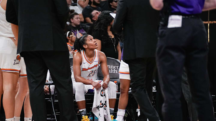 Alyssa Thomas (25) of the Phoenix Mercury looks up to the jumbotron from the bench as Phoenix challenges a call against her during a home game against the Chicago Sky at PHX Arena on Aug. 28, 2025, in Phoenix.